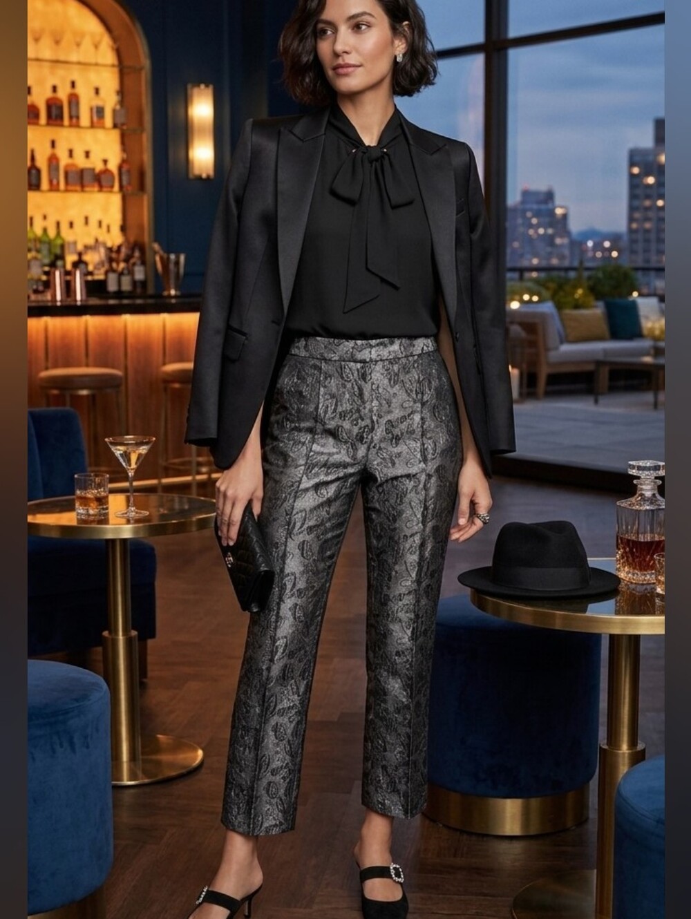Kate Spade Metallic Jacquard Slim Flare Crop Pants Cocktail Holiday Black 4
